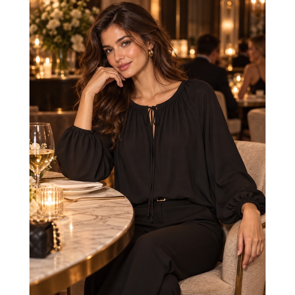 Theory Blouse Medium Black 100%Silk Gathered Tie Neck Long Sleeve Classic #1578